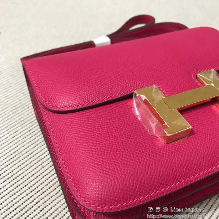 HERMES愛馬仕 H空姐包 進口原廠EP皮 頂級蜜蠟製作 街拍必備單品 玫紅金銀 單肩斜挎包  Ama1547